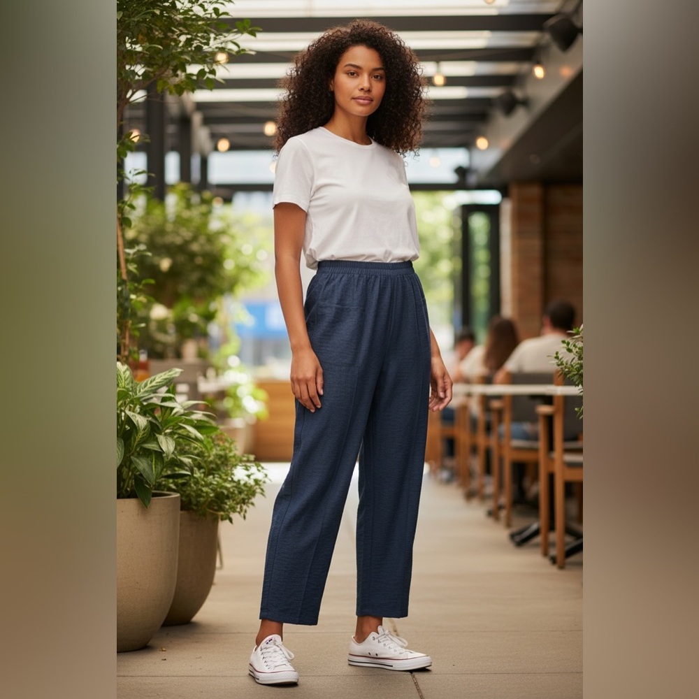 Versatile Blue Elastic Waist Parachute Pants